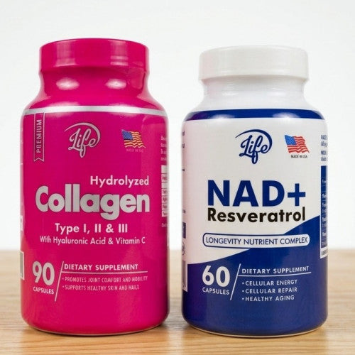 COMBO NAD+ + RESVERATROL • COLÁGENO HIDROLIZADO • ASHWAGANDHA SOFT GEL