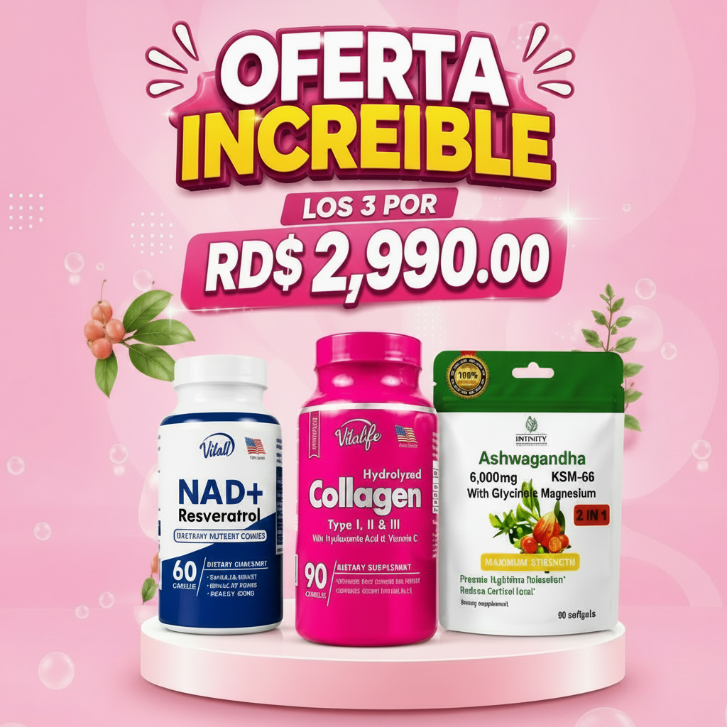 COMBO NAD+ + RESVERATROL • COLÁGENO HIDROLIZADO • ASHWAGANDHA SOFT GEL
